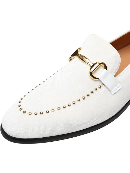 ELANROMAN Men\'s White Velvet Loafers Studded Metal Buckle Slip On Party Shoes main image 4